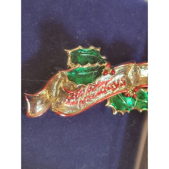Vintage Enamel Christmas brooch pin Happy Holidays Holly Leaf banner boxed - Picture 5 of 8